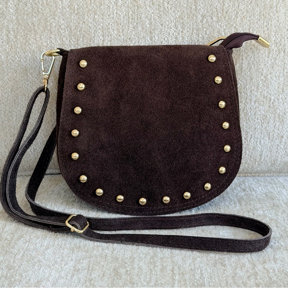 Persaman New York Elvira Brown Suede Studded Crossbody